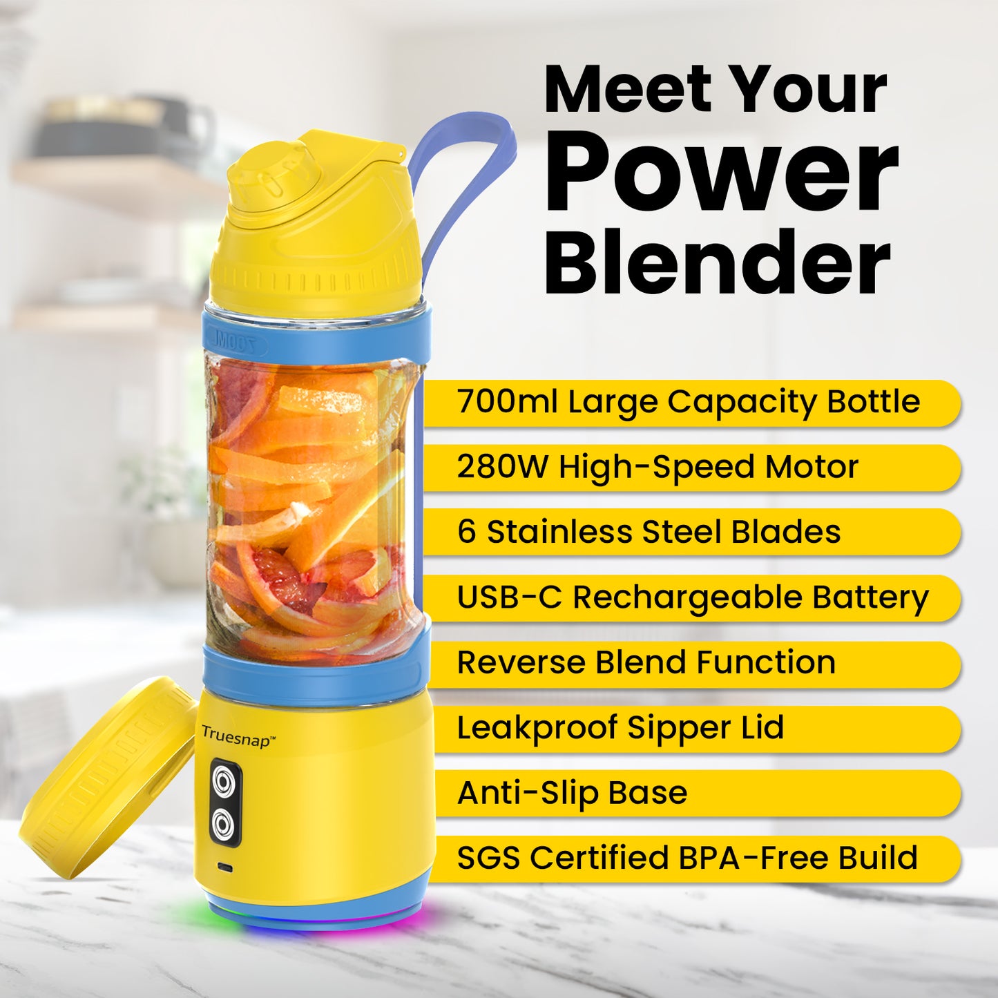 Truesnap FURY Portable Blender – High-Torque Motor, 700ml Capacity | 20 Blends per Charge, USB-C Rechargeable, Leakproof & BPA-Free