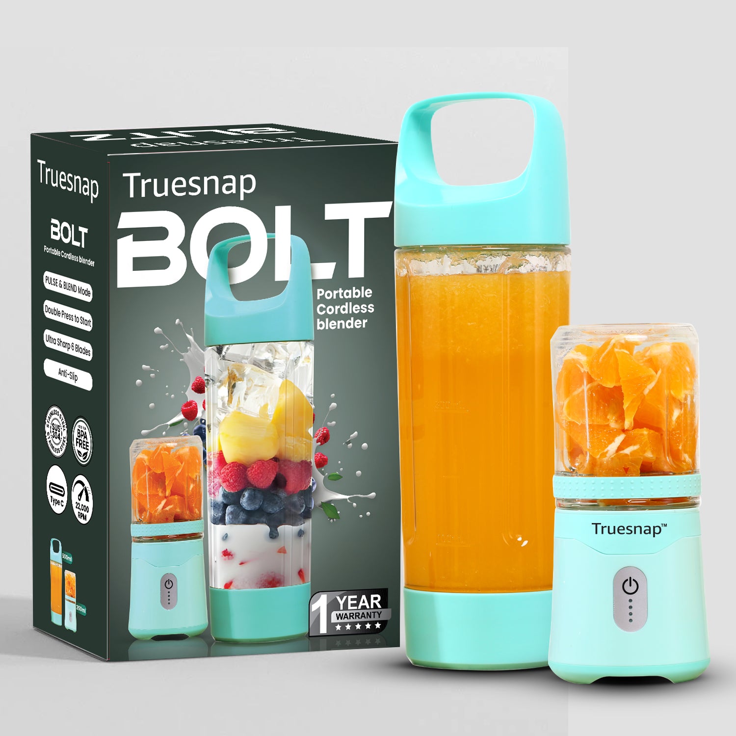 Truesnap BOLT portable blender with packaging on a light gray background