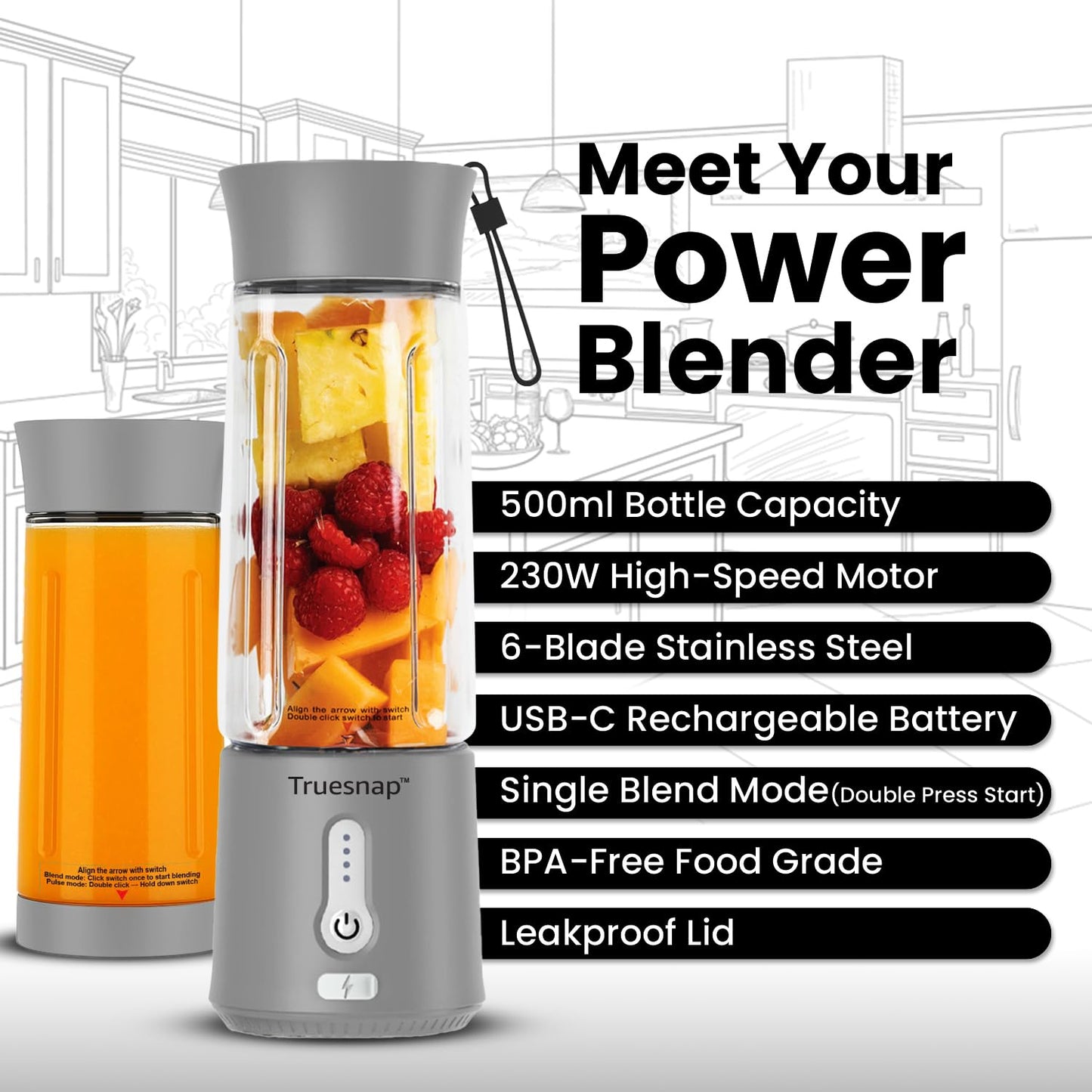 Truesnap Quix Pro Portable Blender – 230W, 500ml Rechargeable Smoothie Maker