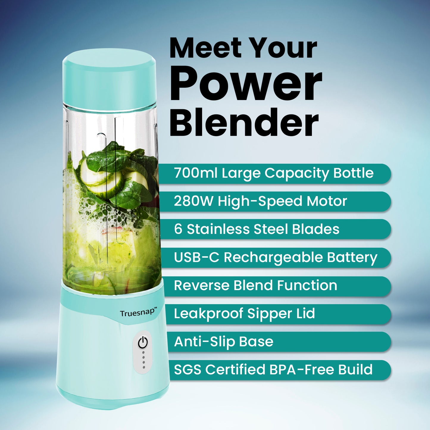 Truesnap BOLT Portable Blender – 230W High-Speed Smoothie Maker with Extra 350ml Carry Bottle | USB-C Rechargeable, Leakproof, BPA-Free